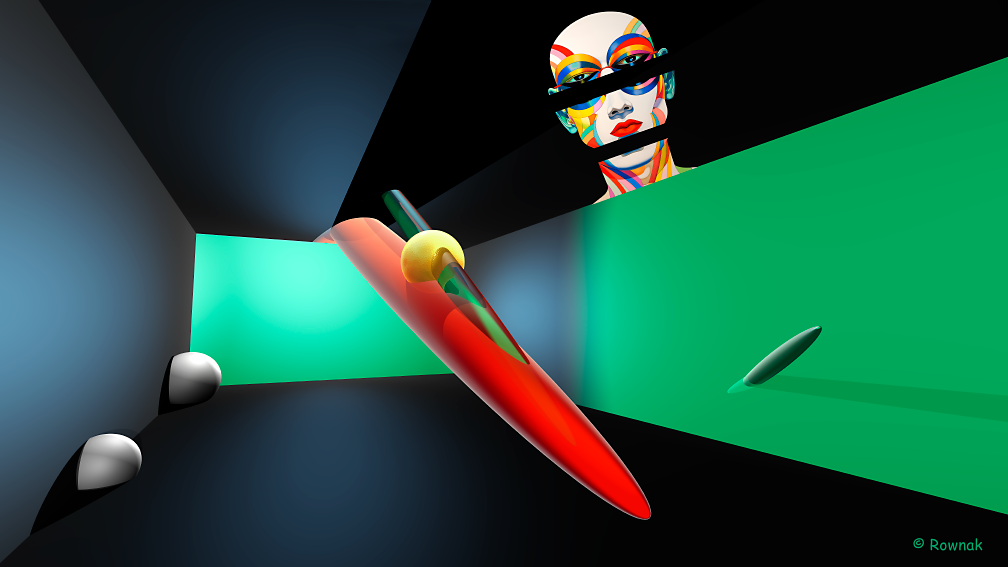 stark image with depth showing a make head divided and looking forward into a strange space. Digital art creation of Richard Rownak